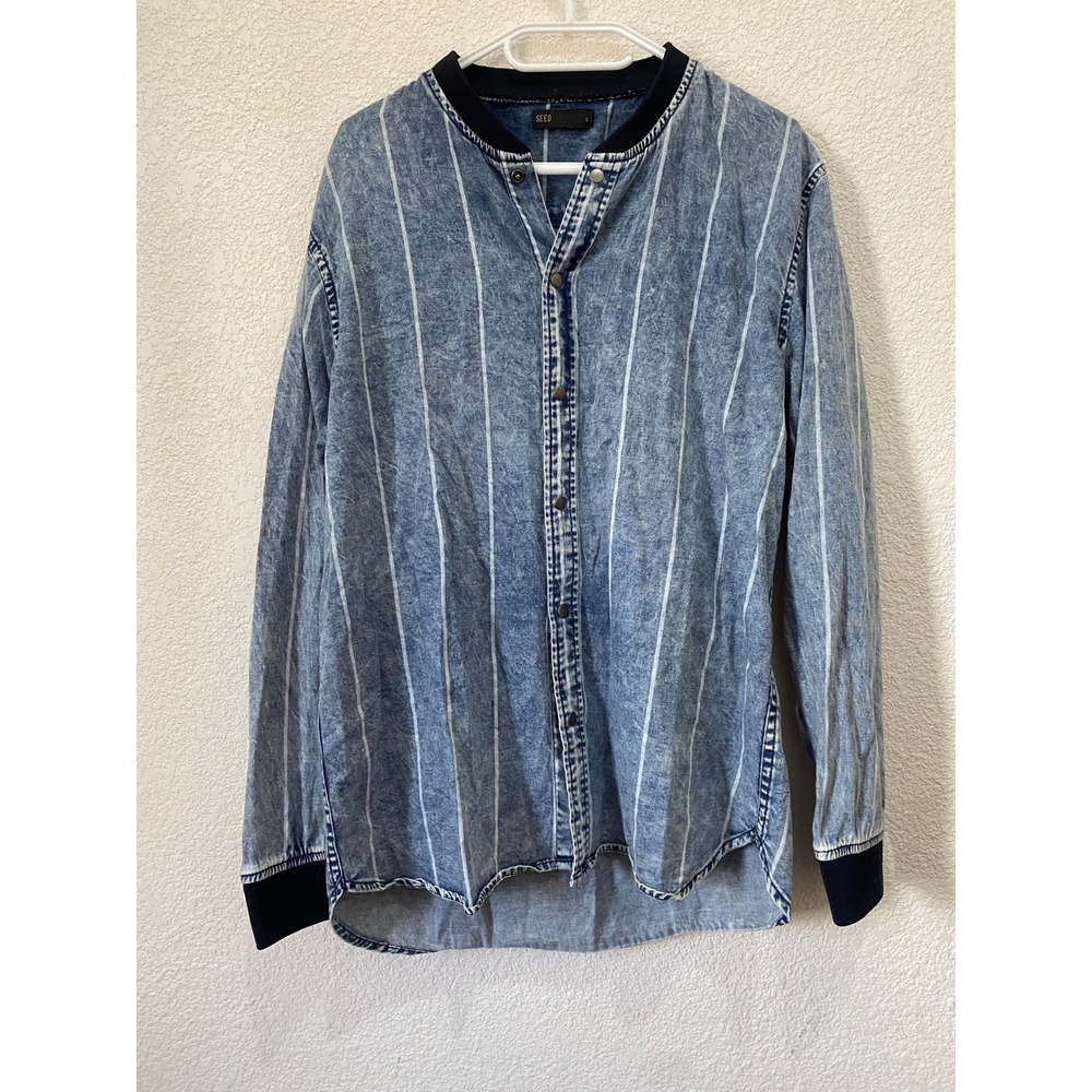 SEED Denim Shirt Mens Large Blue Excellent Acid Wash Pinstripe Bomber Collar